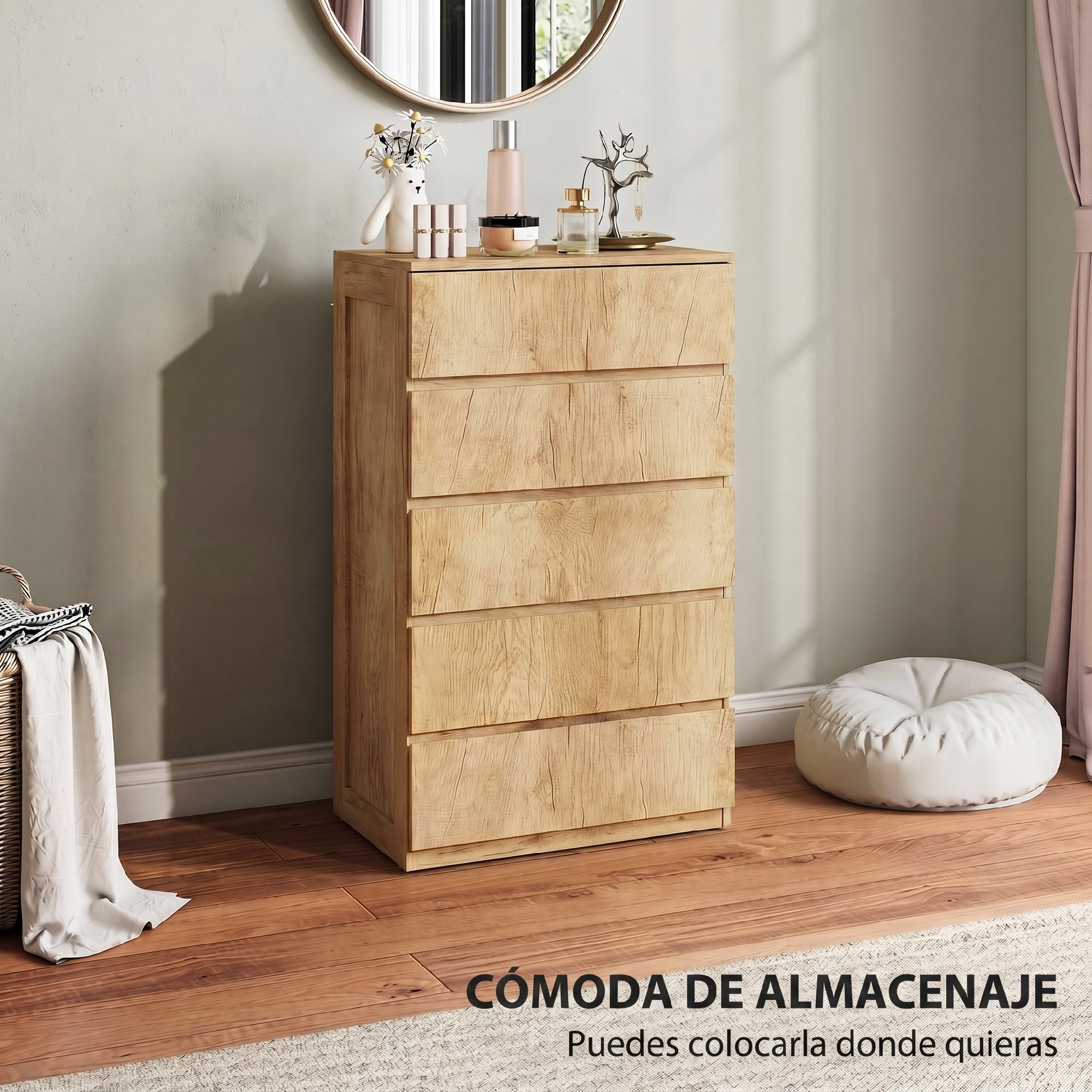 Cómoda 5 Cajones, Cómoda Dormitorio Moderna, Sinfonier, Diseño sin Tiradores, Cajonera para Sala de Estar, Comedor, Entrada, 60x39x100 cm, Madera Natural