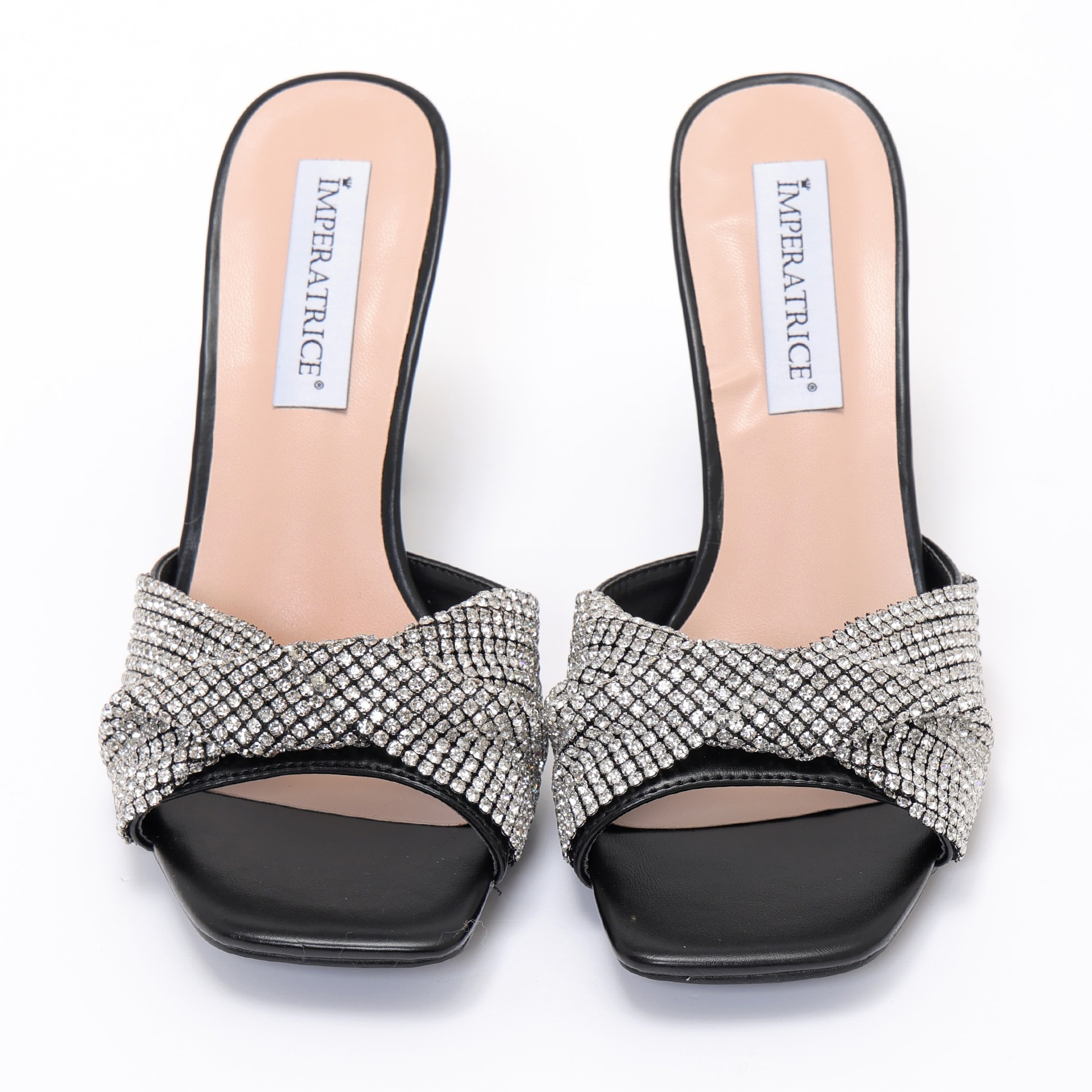 Sandali in simil pelle con tacco a rocchetto e fascia gioiello