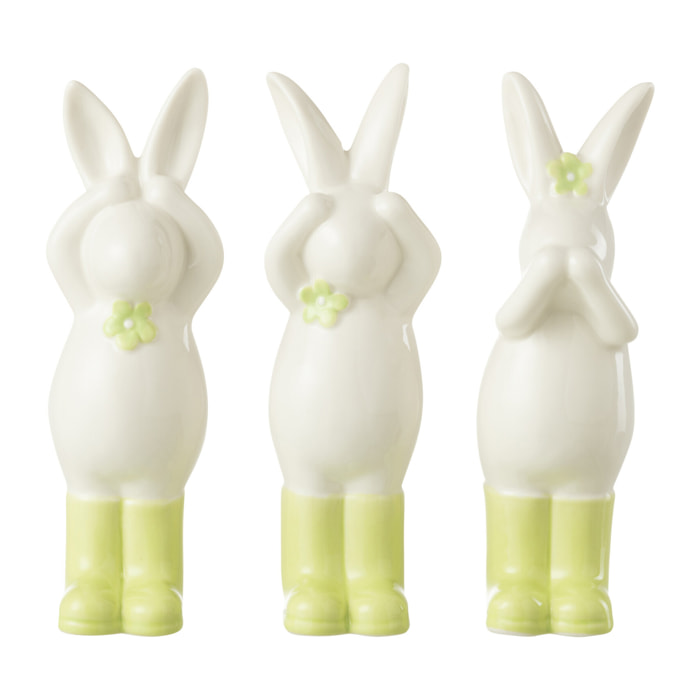 J-Line décoration Lapin Voir/Entendre/Se Taire - porcelaine - vert/blanc - 3 pièces