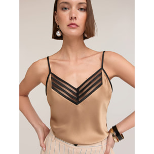 Motivi - Top de raso con borde de tul - Beige