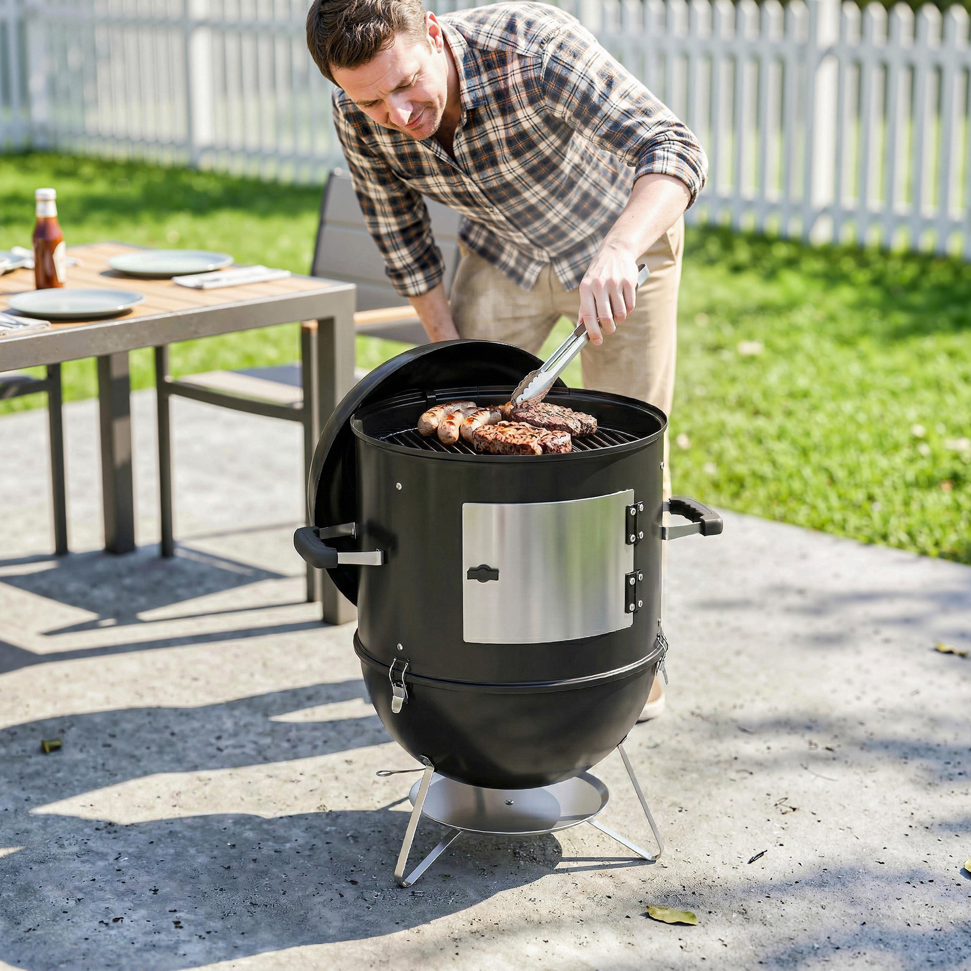 Barbecue braséro fumoir 3 en 1 - 3 grilles de cuisson, thermomètre - noir