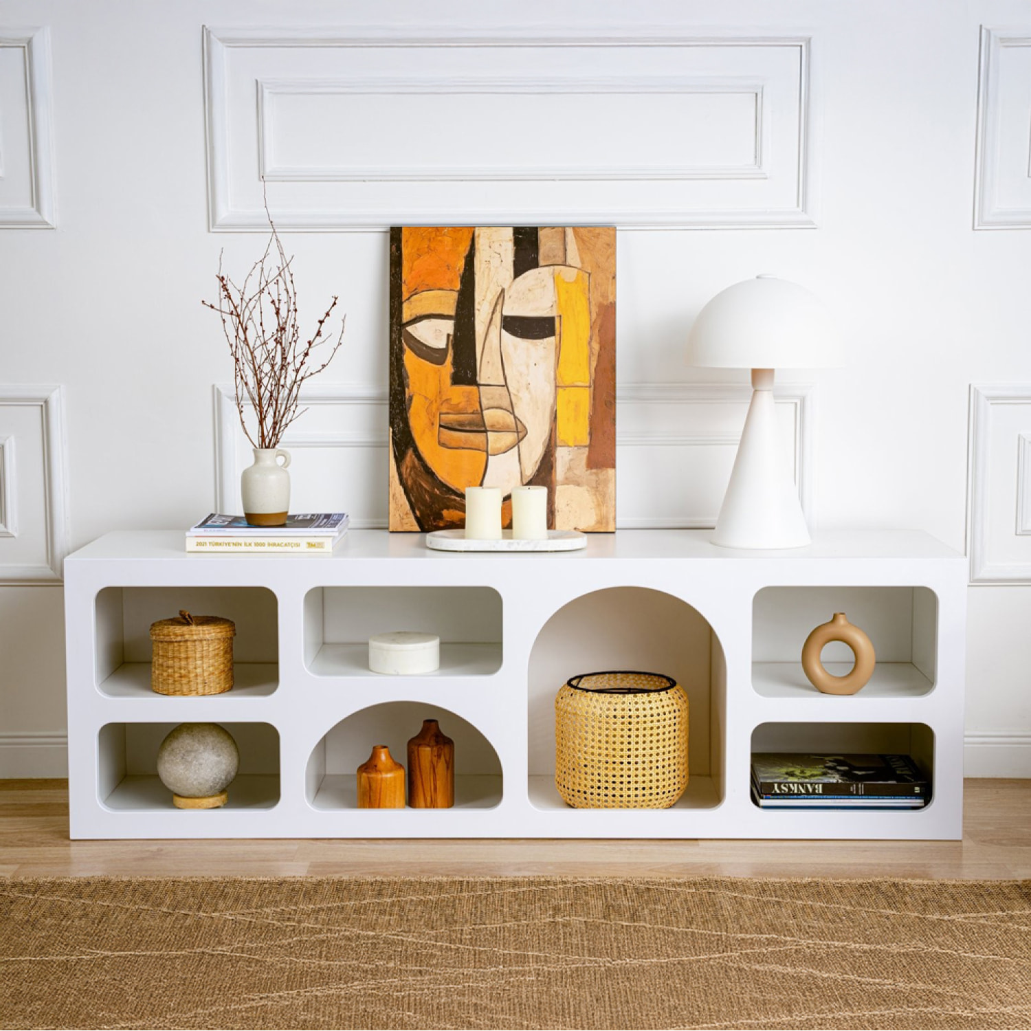 FERRY Buffet bas 7 niches design organique blanc 160x50cm