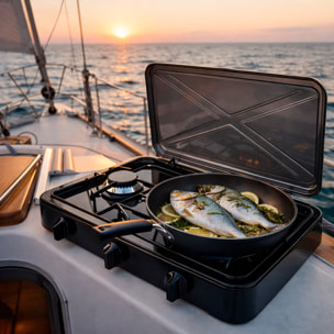 Fornello A Gas Portatile 2 Fuochi con Coperchio Piano Cottura Campeggio GPL Gas Naturale Fornello da Camping In Acciaio Con Griglie Smaltate