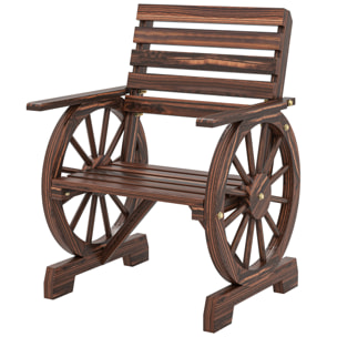 Chaise de jardin roue de chariot dossier incliné bois carbonisé