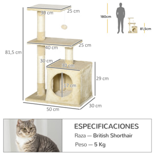 Árbol Rascador para Gatos de Felpa y Sisal 50x30x80cm Beige