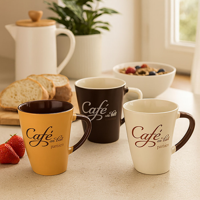 Lot de 6 mugs en grès 3 couleurs assorties 30cl CAFE PARISIEN