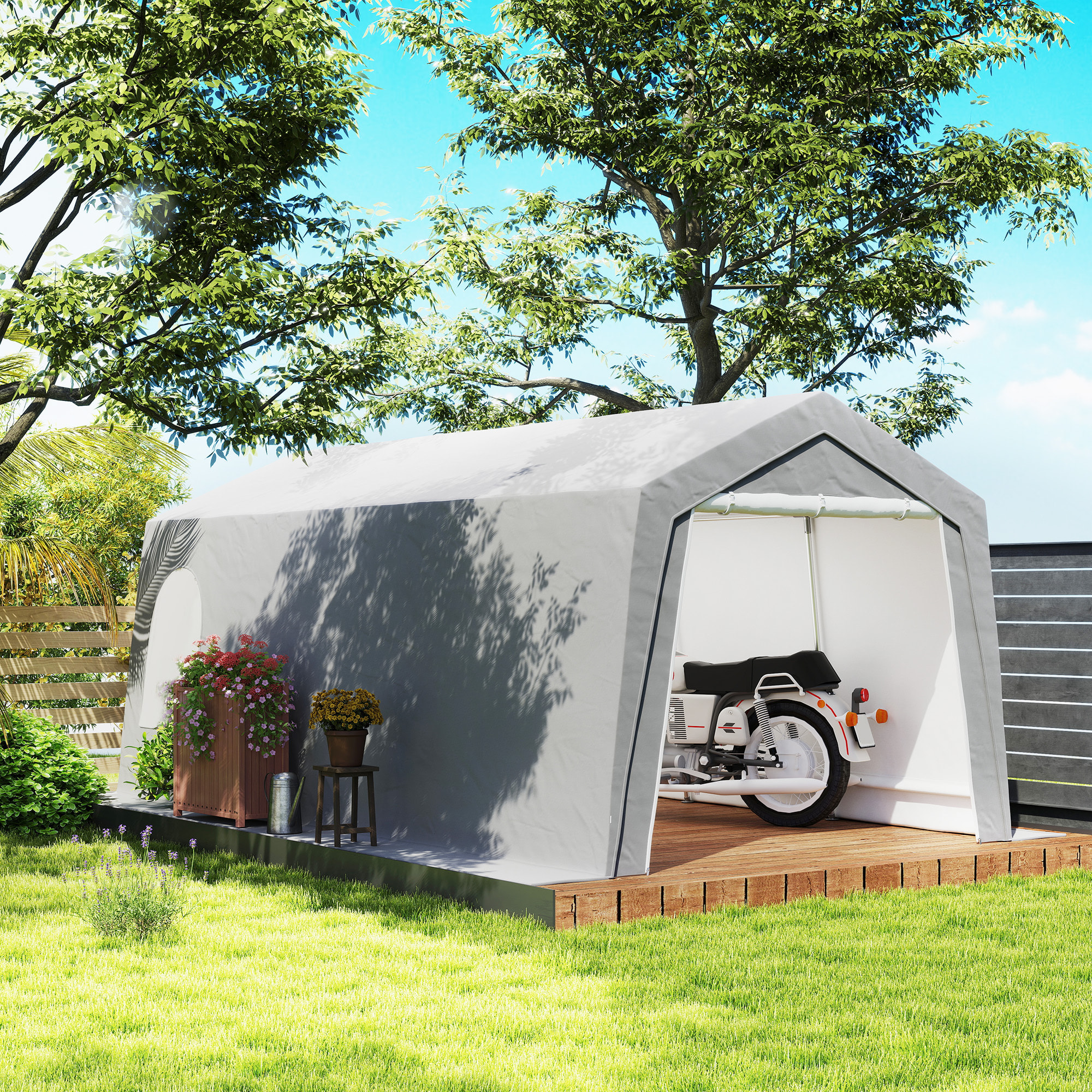 Cobertizo Jardín Exterior 300x597x257 cm Carpa con Puerta Enrollable con Cremallera Impermeable Tienda de Almacenamiento en Garaje Exterior para Motos Bicicletas Herramientas de Jardín Gris