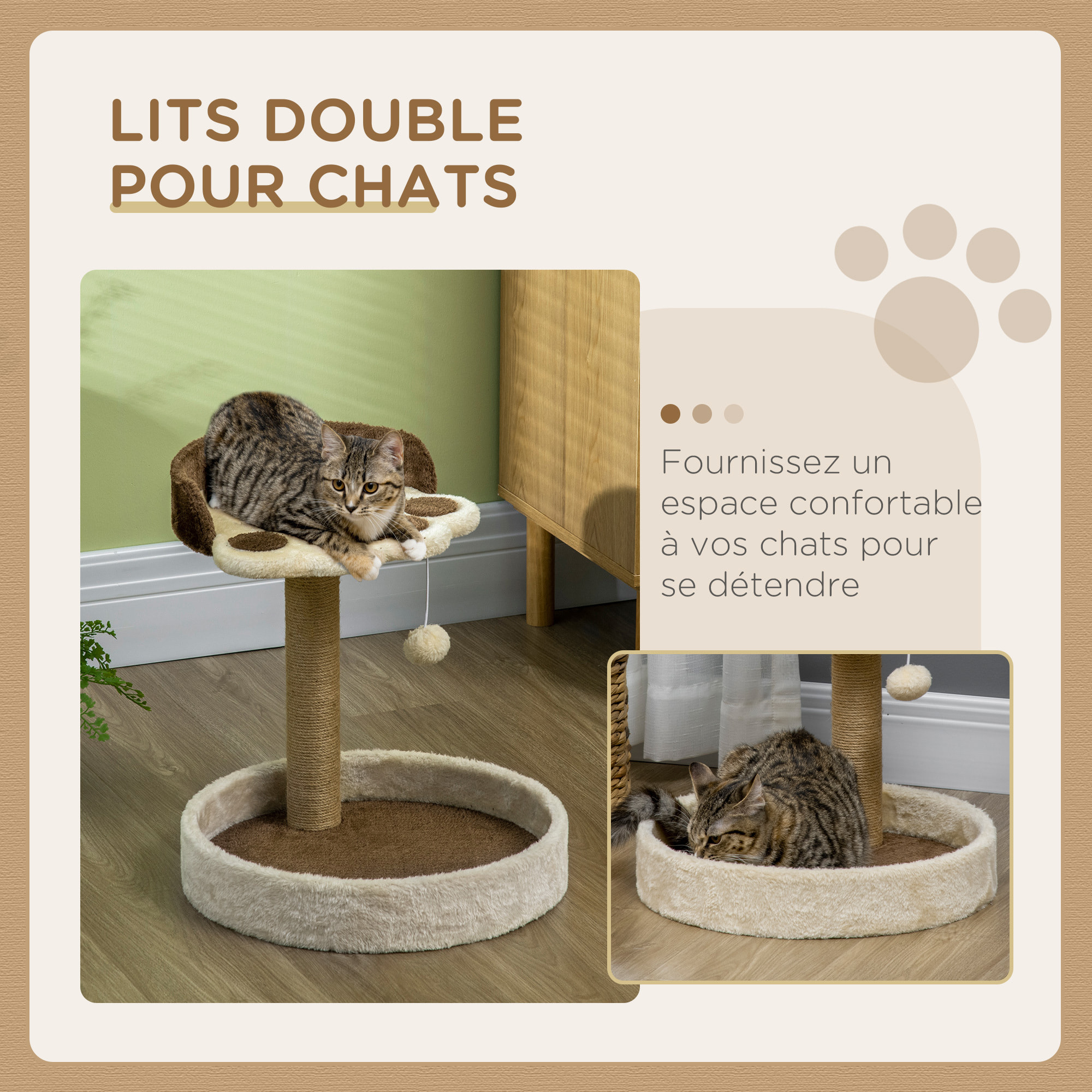 Arbre à chat griffoir design patte de chat jeu boule suspendue panier plateforme observation peluche beige marron jute naturelle