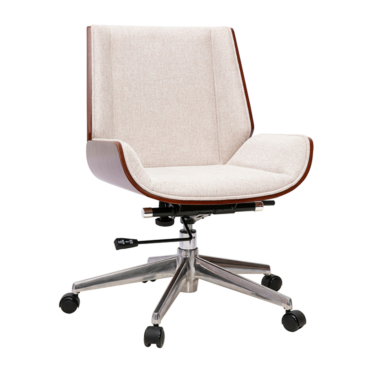 Chaise de bureau à roulettes design en tissu effet velours texturé beige, bois foncé et acier chromé CURVED