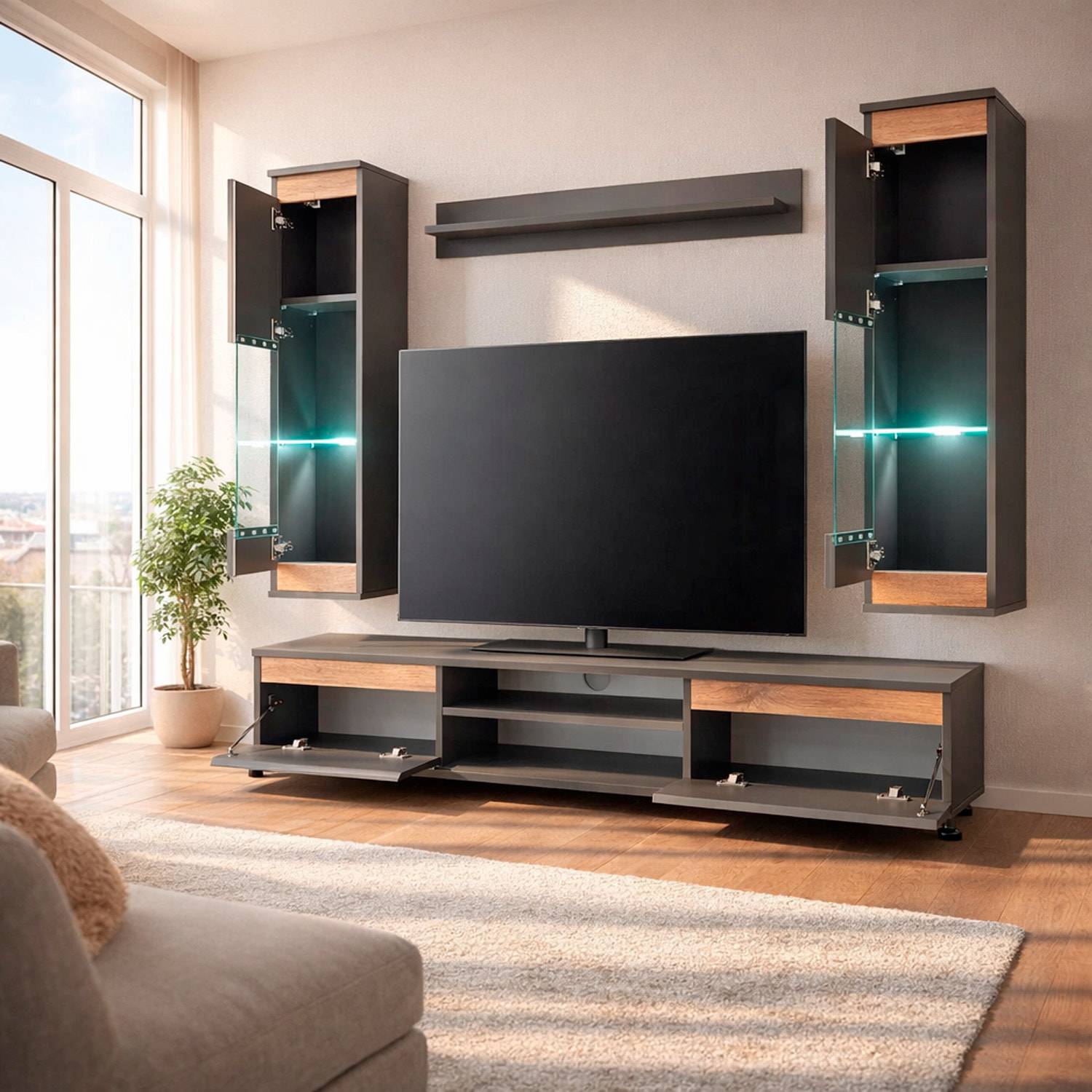 Parete Attrezzata Soggiorno Mobile Tv Vetrine Led Mensola Moderno Living Arredo Contenitore Vani Giorno Resistente 175x 150x 37 Cm Antracite E Rovere