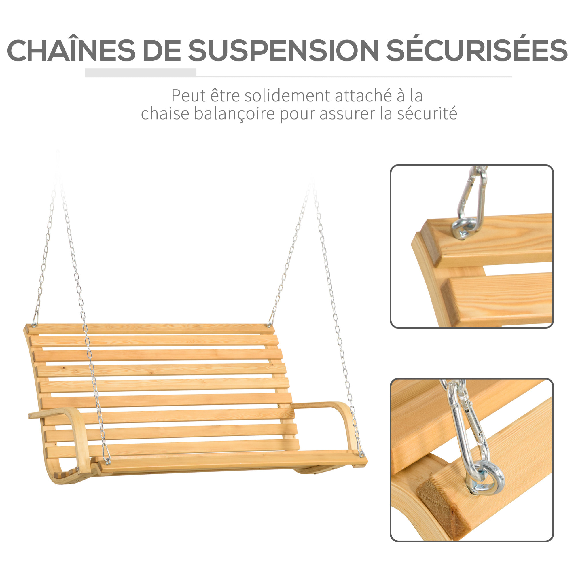 Banc suspendu 2 places balancelle de jardin en bois - chaînes incluses