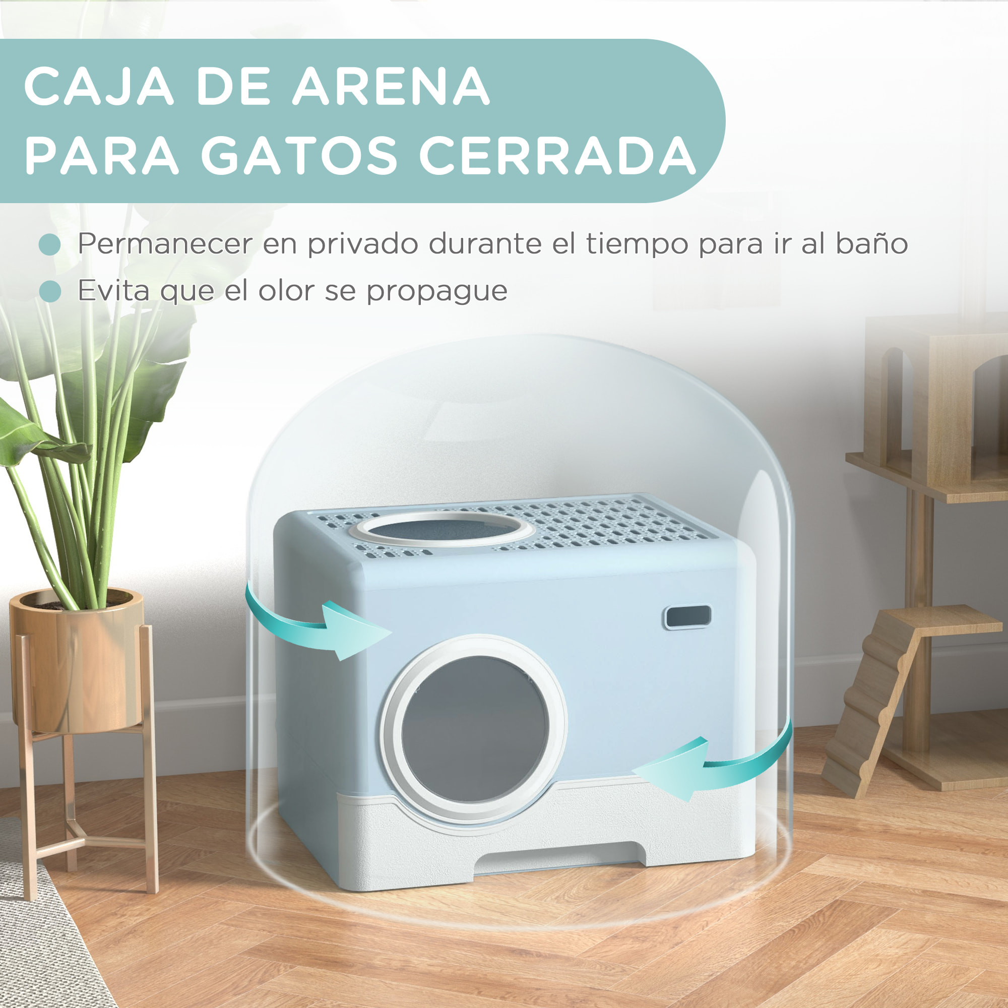 Arenero para Gatos Cubierto, Caja de Arena para Gatos con Bandeja Extraíble, Entrada Frontal y Salida Superior, Pala, Fácil de Limpiar, Antifugas, Azul