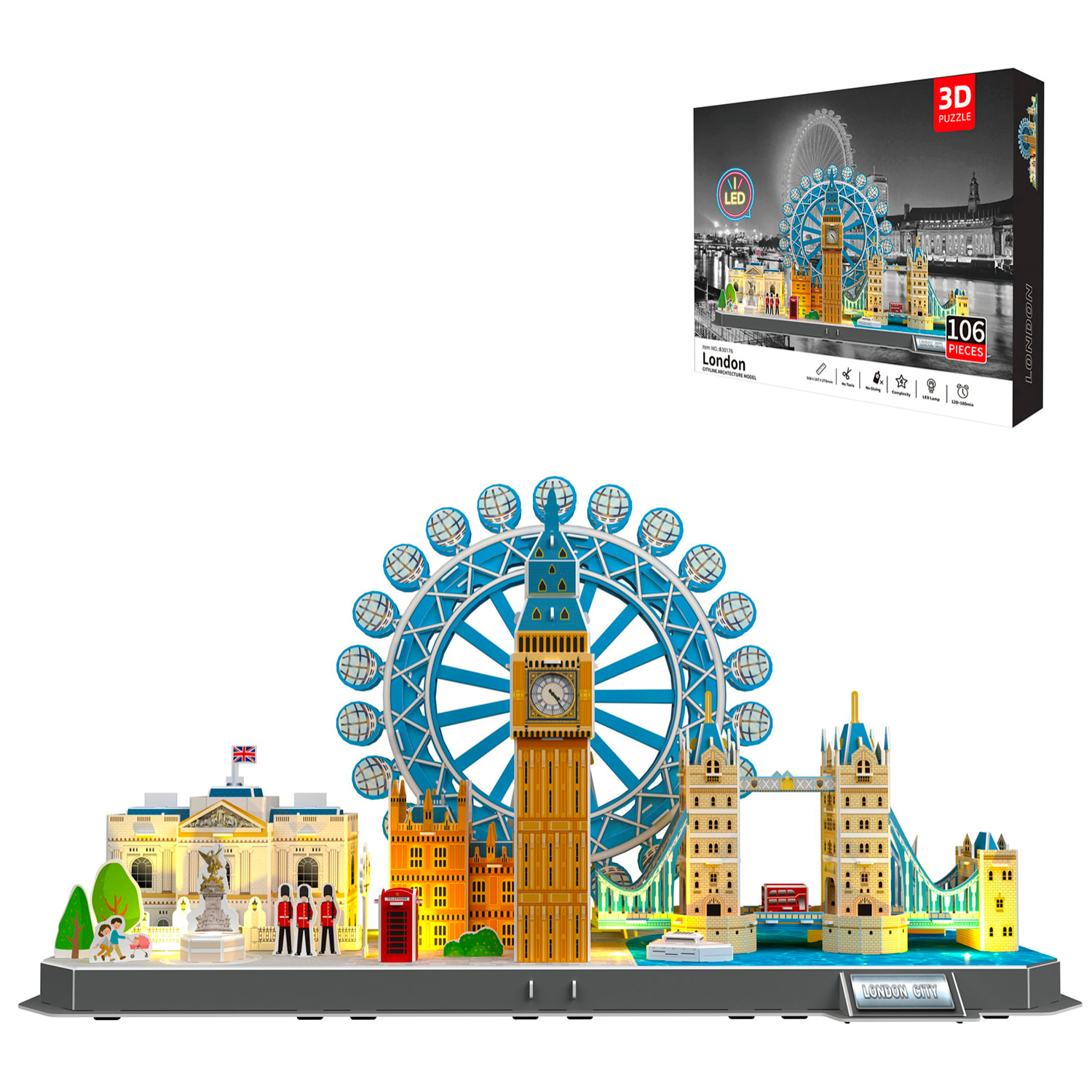 Puzzle 3D in cartone della città di Londra con luci LED. 106 pezzi.