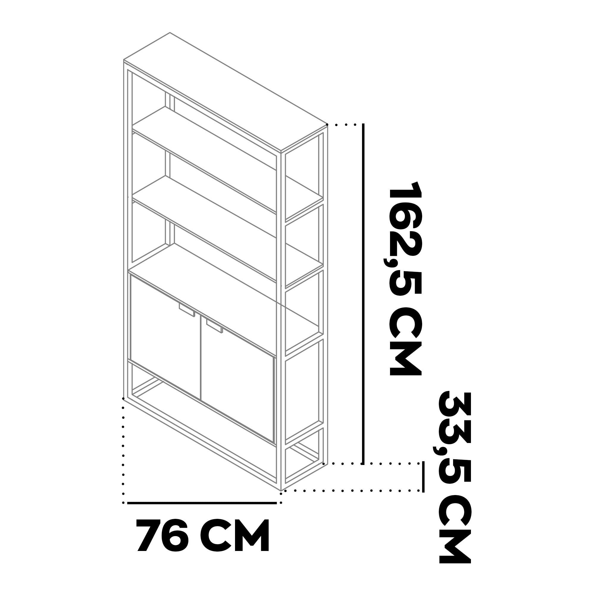 Edo - Scaffale Libreria a Muro 76x162,5x33,5 cm 3 Ripiani con Mobiletto 2 Ante in Legno Bleach Struttura in Metallo Nero