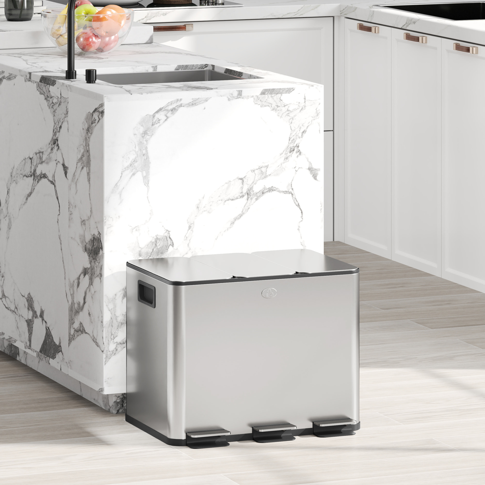 Cubo de Basura de Cocina con 3 Compartimentos 3x10L Papelera de Cocina de Acero Inoxidable con Pedales Tapas de Cierre Suave y Cubo Extraíble para Reciclaje Residuos Restos de Comida Plata