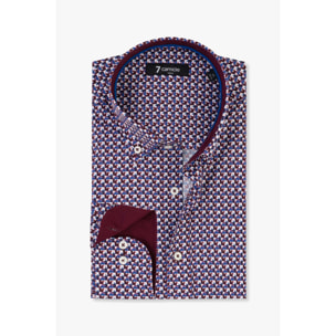 camicia uomo 1 bottone button down slim Popeline Stampato Bordeaux/Blu
