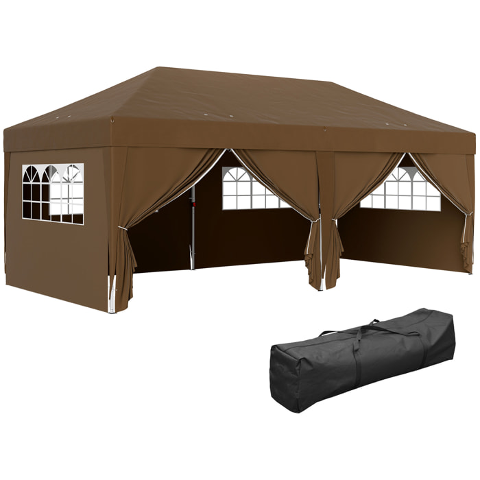 Carpa Plegable Gazebo 6x3 m Cenador Plegable con 6 Paredes Laterales Impermeable Anti-UV y Bolsa de Transporte Pabellón de Jardín para Camping Fiestas Café