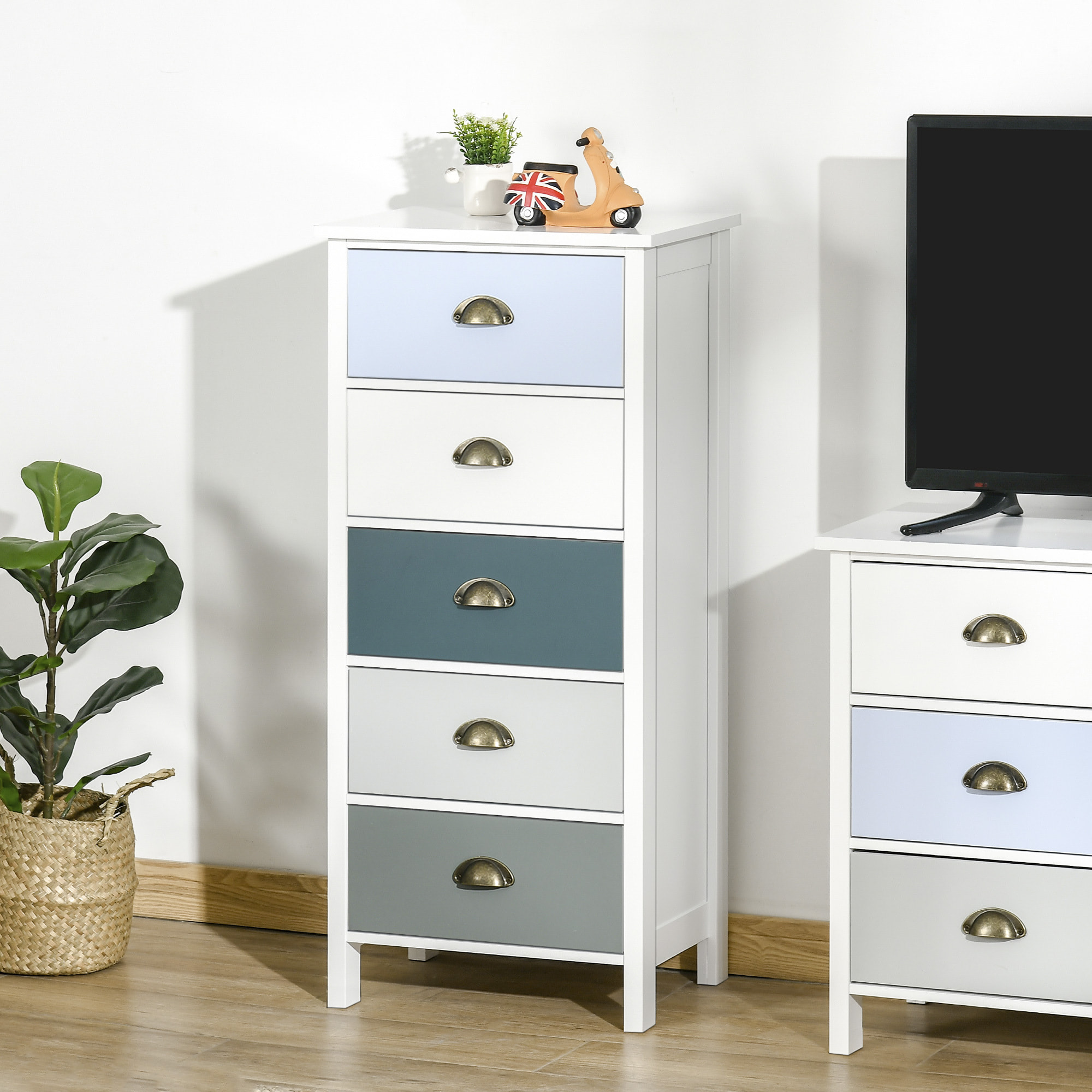 Meuble de rangement chiffonnier style néo-rétro 5 tiroirs poignées coquilles MDF blanc bleu gris