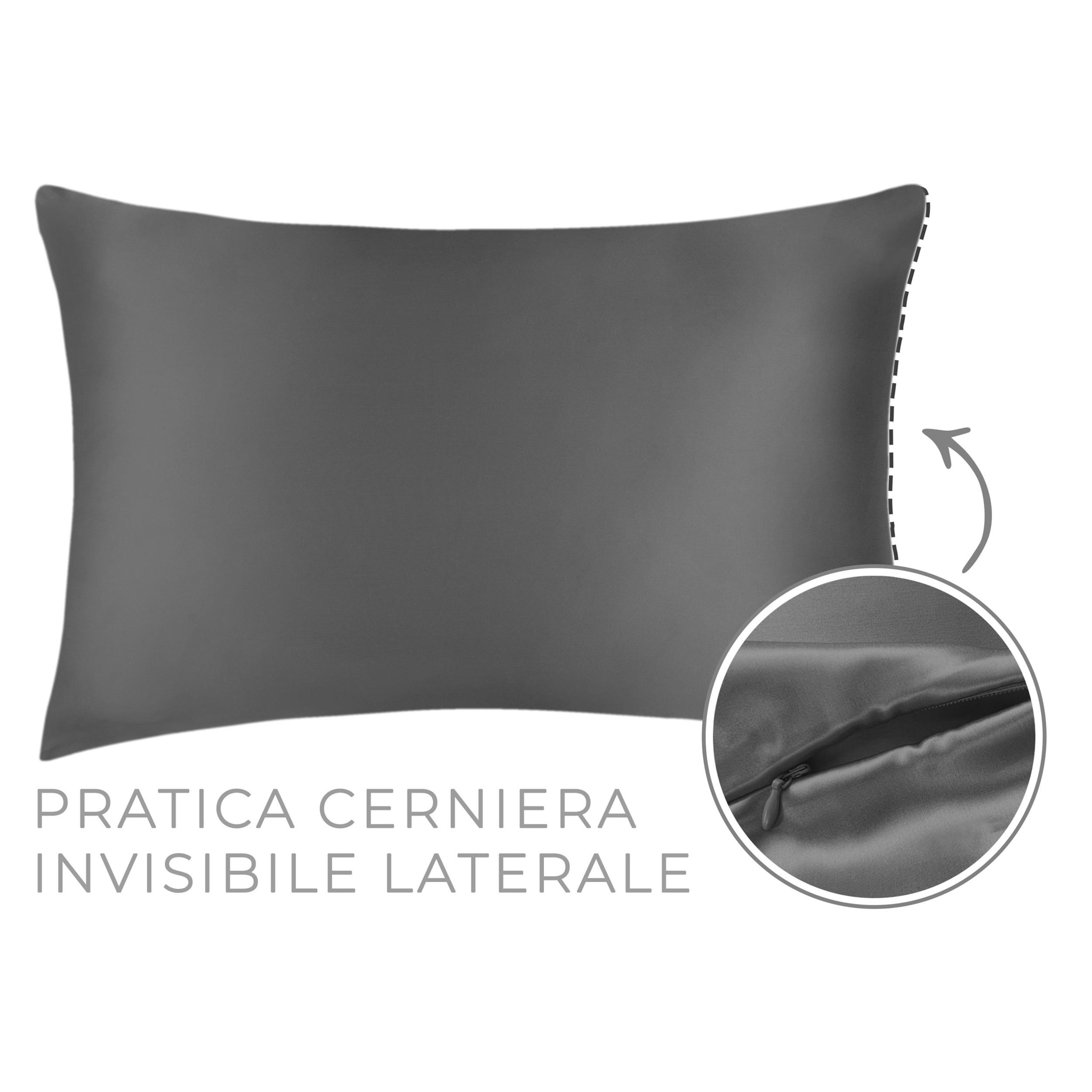 Federa Cuscino Letto Con Zip E Scrunchies Elastico Capelli 100% Seta Tinta Unita Grigio Scuro