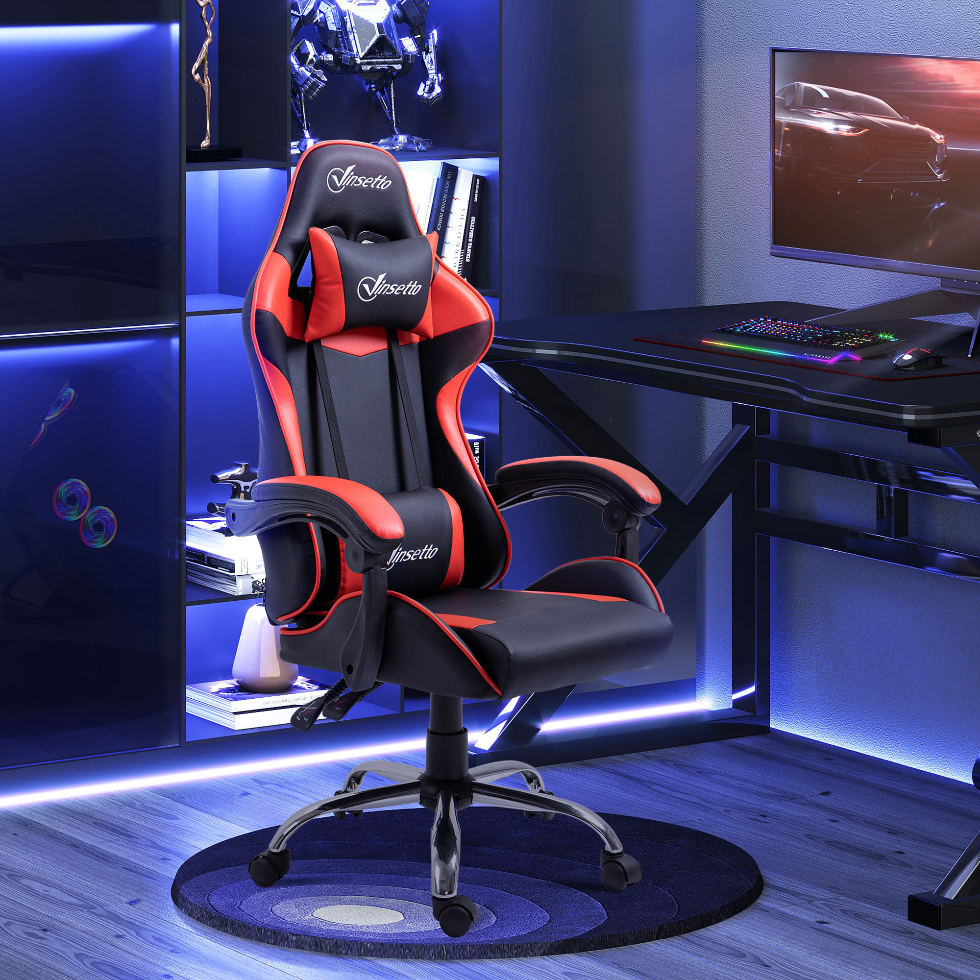 Silla Gaming Ergonómica Silla de Escritorio Racing Giratoria con Altura Ajustable Reclinable de 135° Reposacabezas y Cojín Lumbar para Oficina Estudio 63x67x122-130 cm Rojo