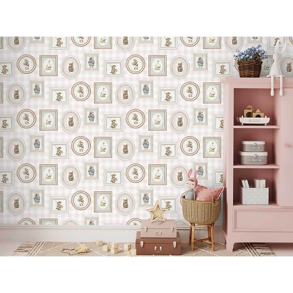 Papier peint portraits animaux vichy rose enfant