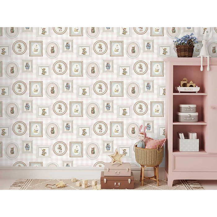 Papier peint portraits animaux vichy rose enfant