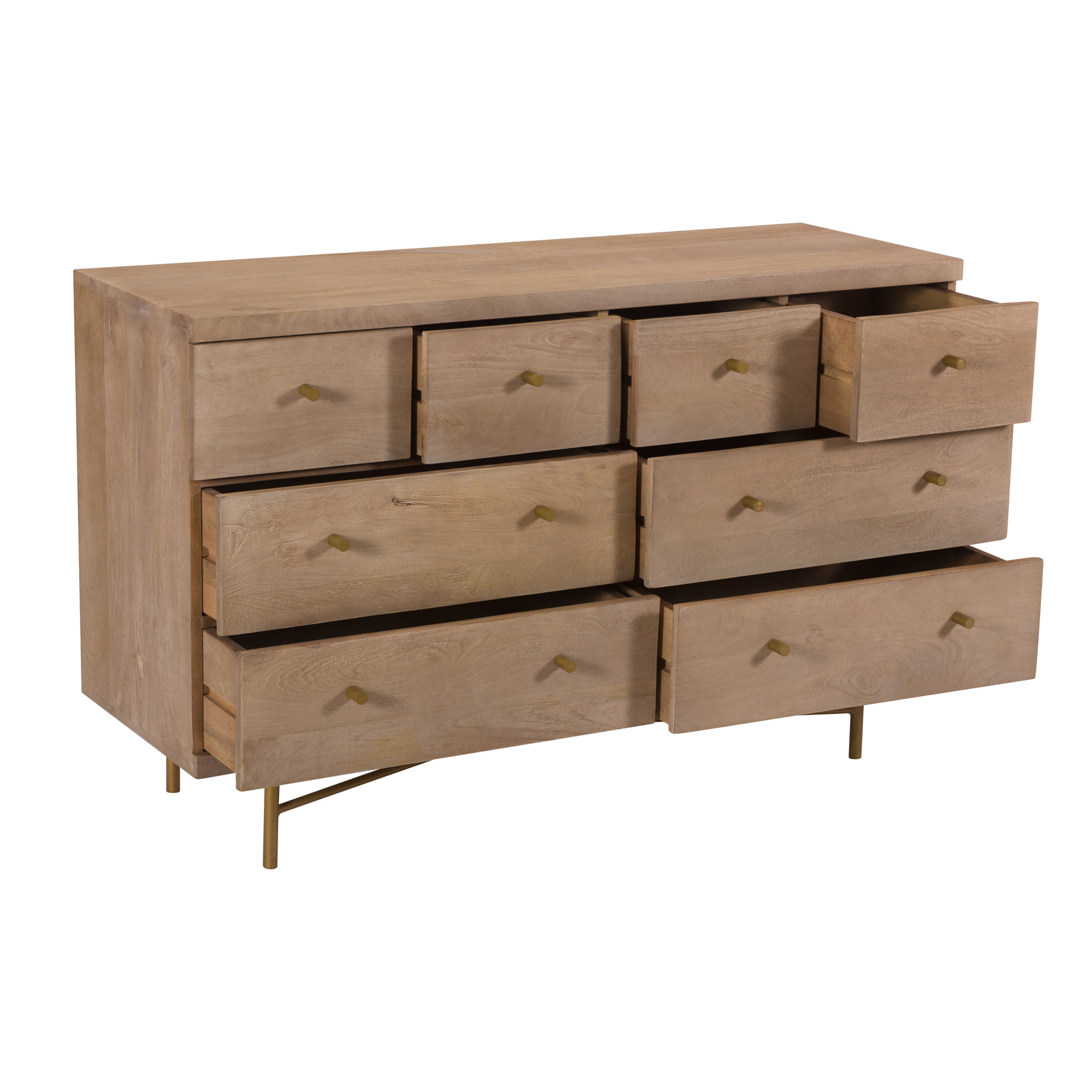 Commode 8 tiroirs en bois de manguier et pieds en métal doré - Bran