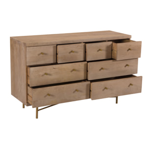 Commode 8 tiroirs en bois de manguier et pieds en métal doré - Bran