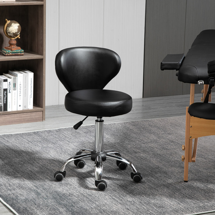 HOMCOM Tabouret de massage - tabouret de travail pivotant 360° - assise réglable 49-64H cm, dossier ergonomique - métal chromé revêtement synthétique noir