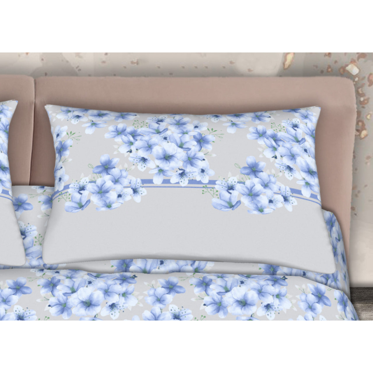 Completo Lenzuola 100% Cotone Effetto Seta Fiorellino Azzurro CN