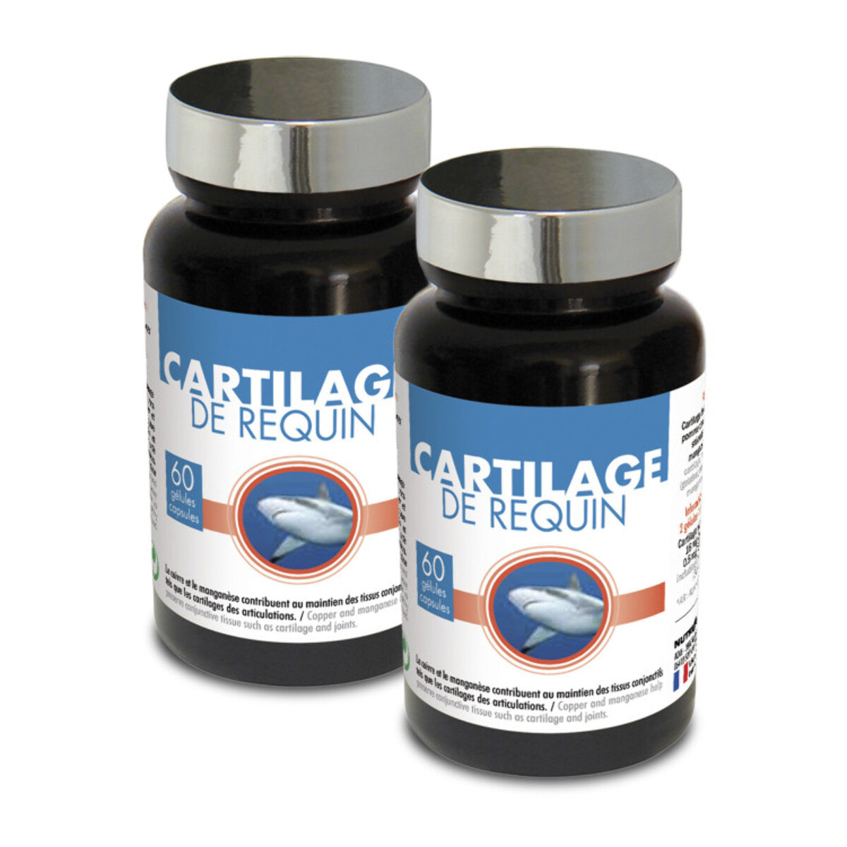 NUTRI EXPERT - Cartilage de requin - Renforce les cartilages et les tendons - Préserve la santé des articulations - Chondroïtine + Cuivre + Manganèse - Lot de 2 x 60 gélules végétales