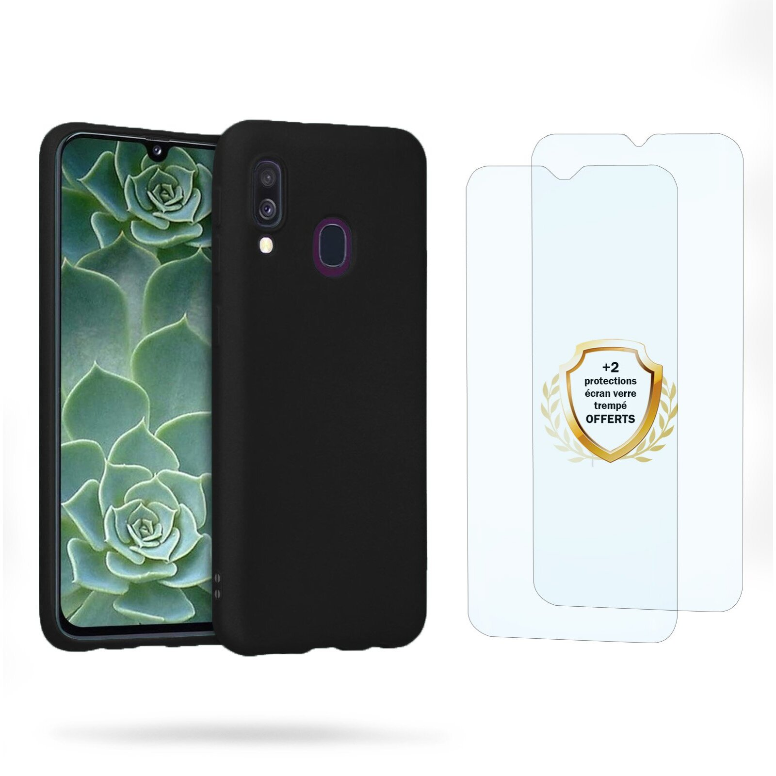 Coque Samsung Galaxy A40 Noire Silicone liquide + 2 Vitres en Verre trempé Protection écran Antichocs