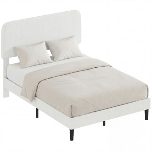 Cama Tapizada en Borreguito, 135x190 cm, Cama Matrimonio con Cabecero Ajustable en Altura, Listones de Madera, Blanco