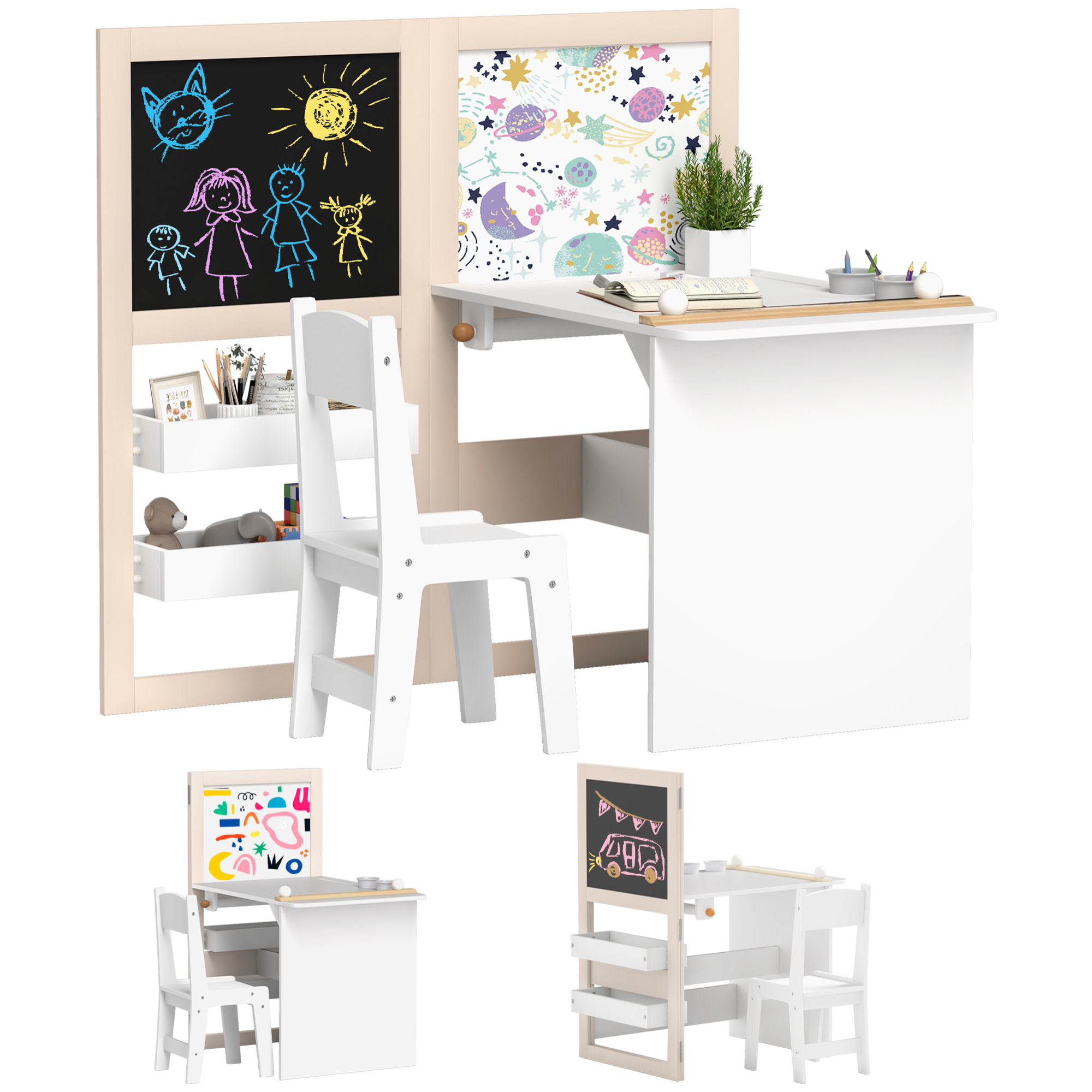 Mesa y Silla Infantil de 2 Piezas Mesa Infantil con Silla y Caballete Plegable Mesa para Niños de +3 Años con Estantes y Rollo de Papel para Dormitorio Sala de Juegos Blanco