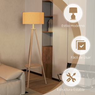 Lámpara de Pie Trípode con Estante Lámpara de Pie Salón con Pantalla de Lino Interruptor de Pie para Sala de Estar Oficina Dormitorio Gris y Natural