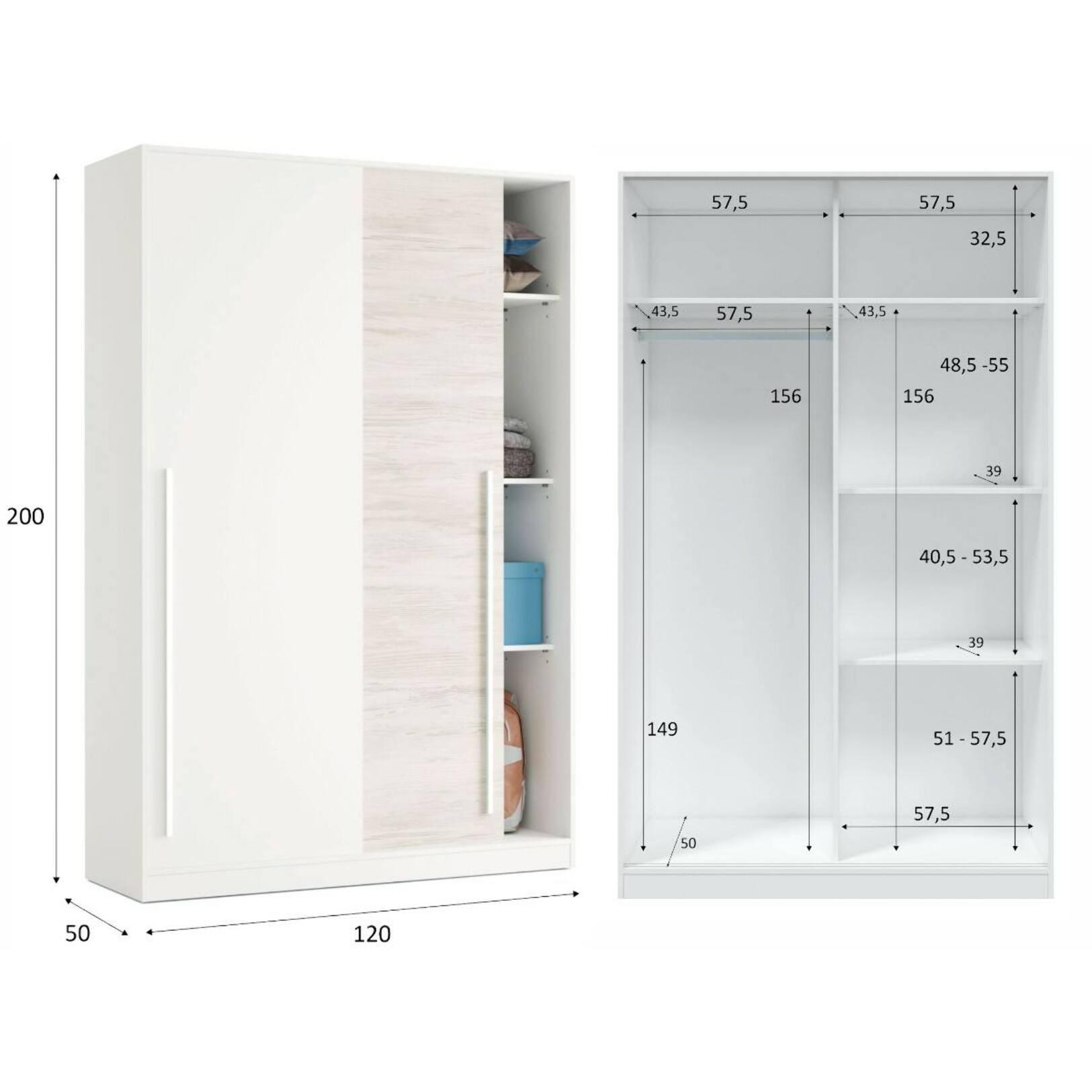 Guardaroba 2 ante Aristode, Armadio per camera da letto, Mobile con barra appendiabiti e 3 ripiani, 120x50h200 cm, Bianco anticato