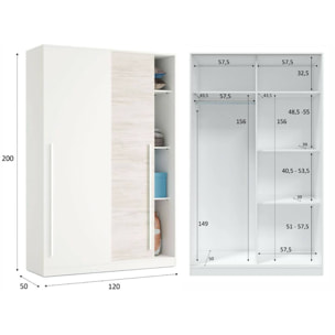 Guardaroba 2 ante Aristode, Armadio per camera da letto, Mobile con barra appendiabiti e 3 ripiani, 120x50h200 cm, Bianco anticato