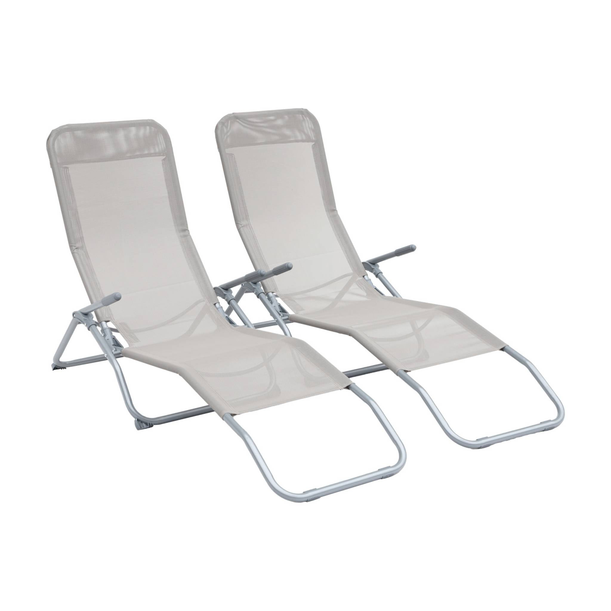 Lot de 2 bains de soleil pliants - Levito Gris taupe- Transats textilène 2 positions. chaises longues