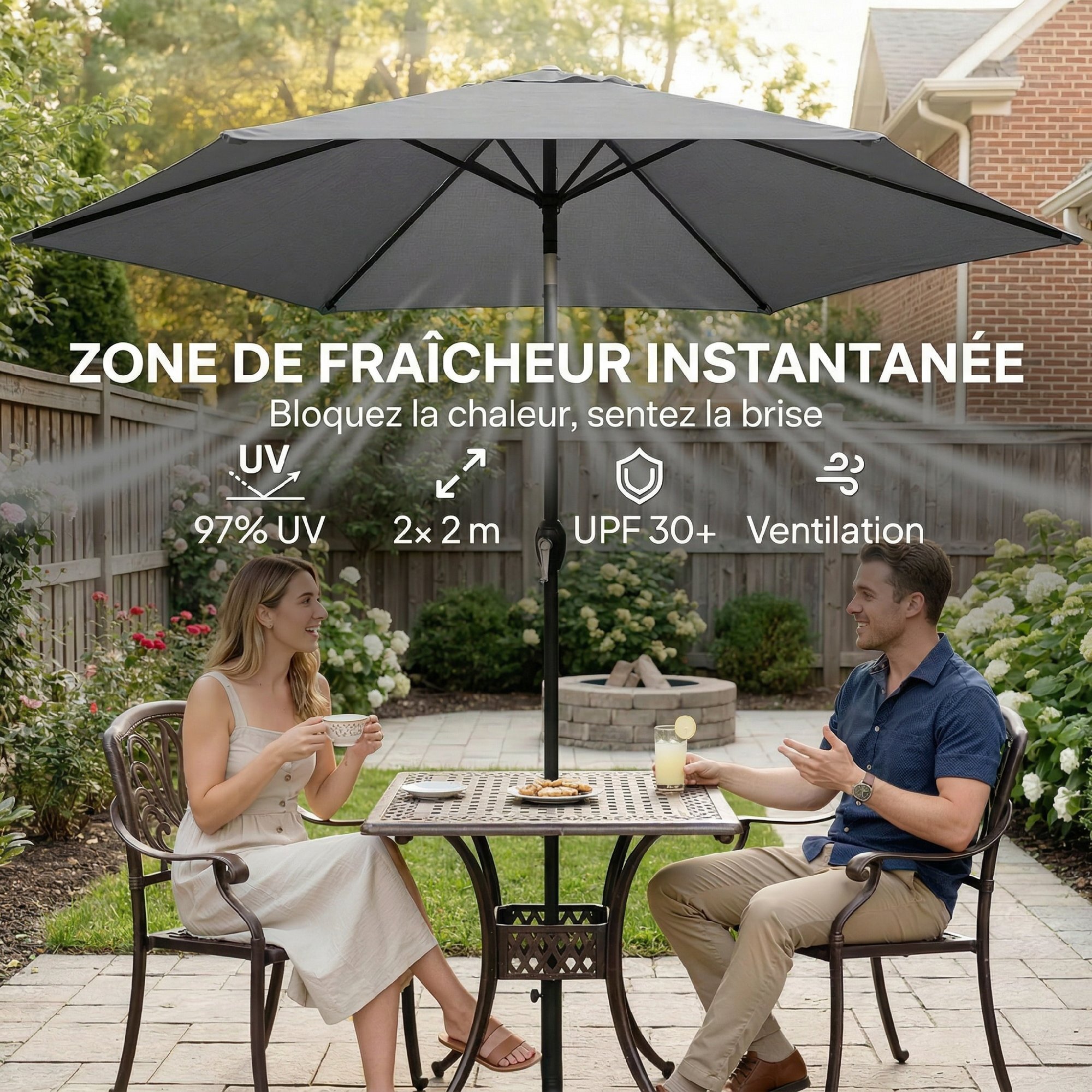 Parasol inclinable manivelle dia. 196 cm métal gris