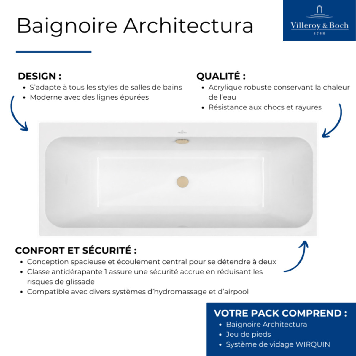 Baignoire droite 170 x 70 VILLEROY & BOCH Architectura + Pieds + Vidage de baignoire WIRQUIN doré