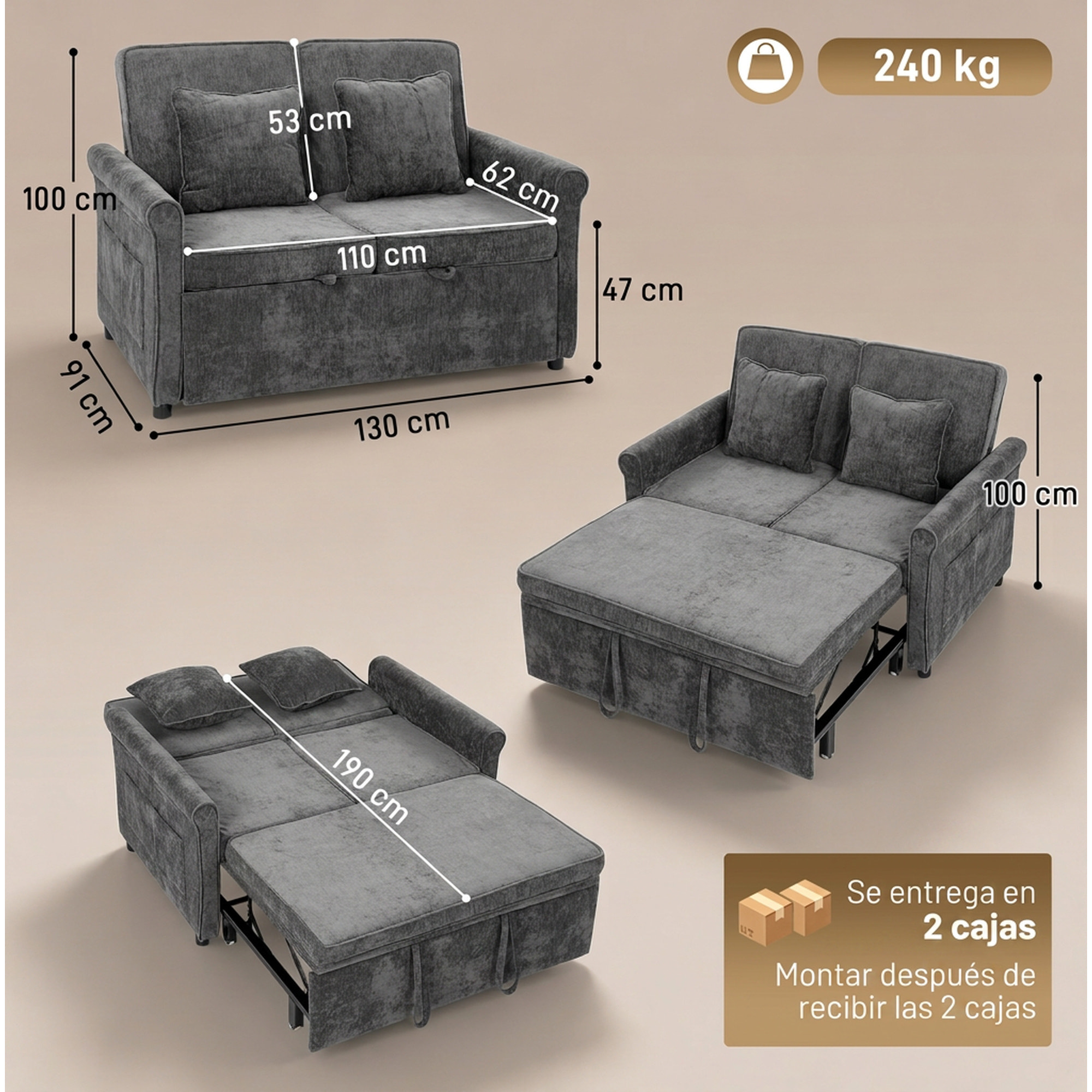 Sofá Cama 2 Plazas 3 en 1, Sofá Cama de Tejido Chenilla con Respaldo Ajustable 5 Niveles, Bolsillos Laterales, 2 Cojines y Reposabrazos Redondeados para Sala de Estar, Espacios Pequeños, Gris
