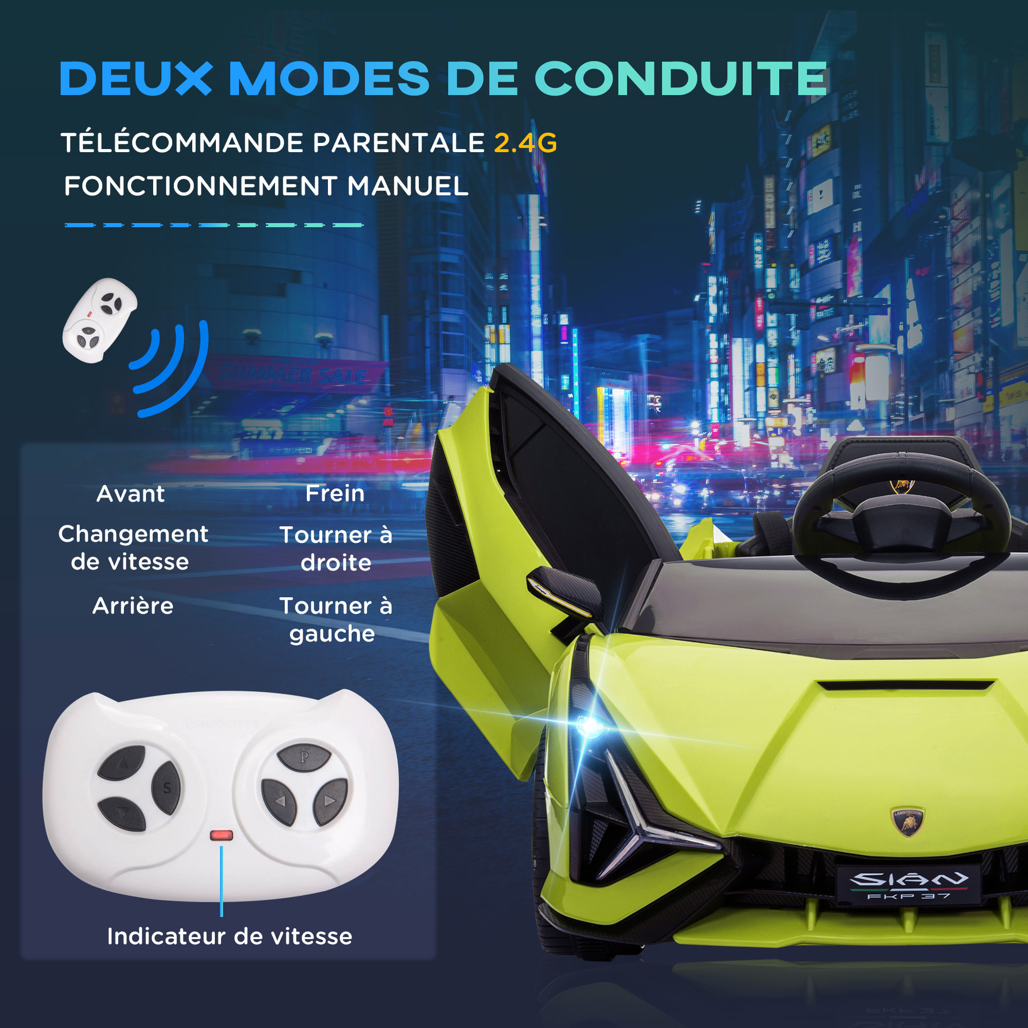 Voiture électrique enfant de sport supercar 12 V - V. max. 5 Km/h effets sonores + lumineux vert