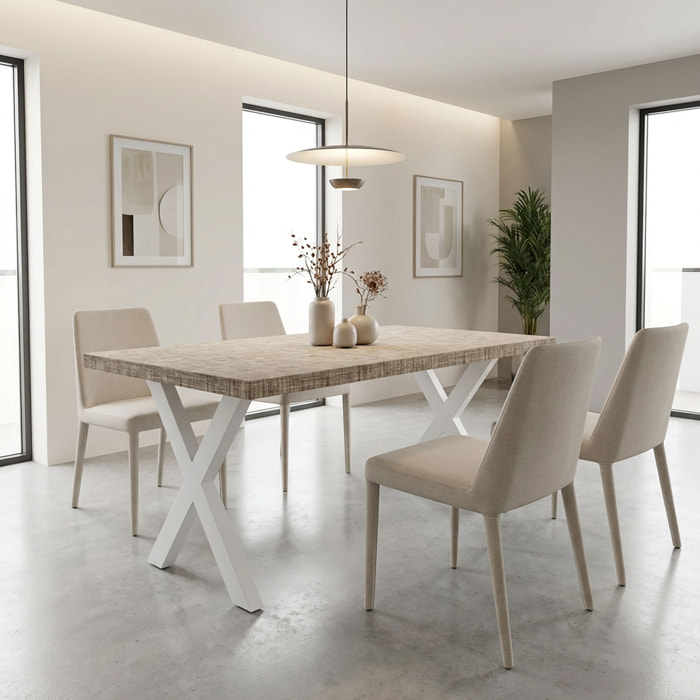 Tavolo da pranzo in legno e metallo con piedi x-shaped bianchi 220x100 cm Grigio Testurizzato