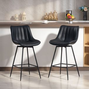 Juego de 2 Taburetes de Bar Giratorios, Taburetes Altos de Cocina con Respaldo Curvado y Reposapiés, Tapizado en PU, Marco de Acero, Sillas Altas de Cocina para Comedor, Salón, Negro