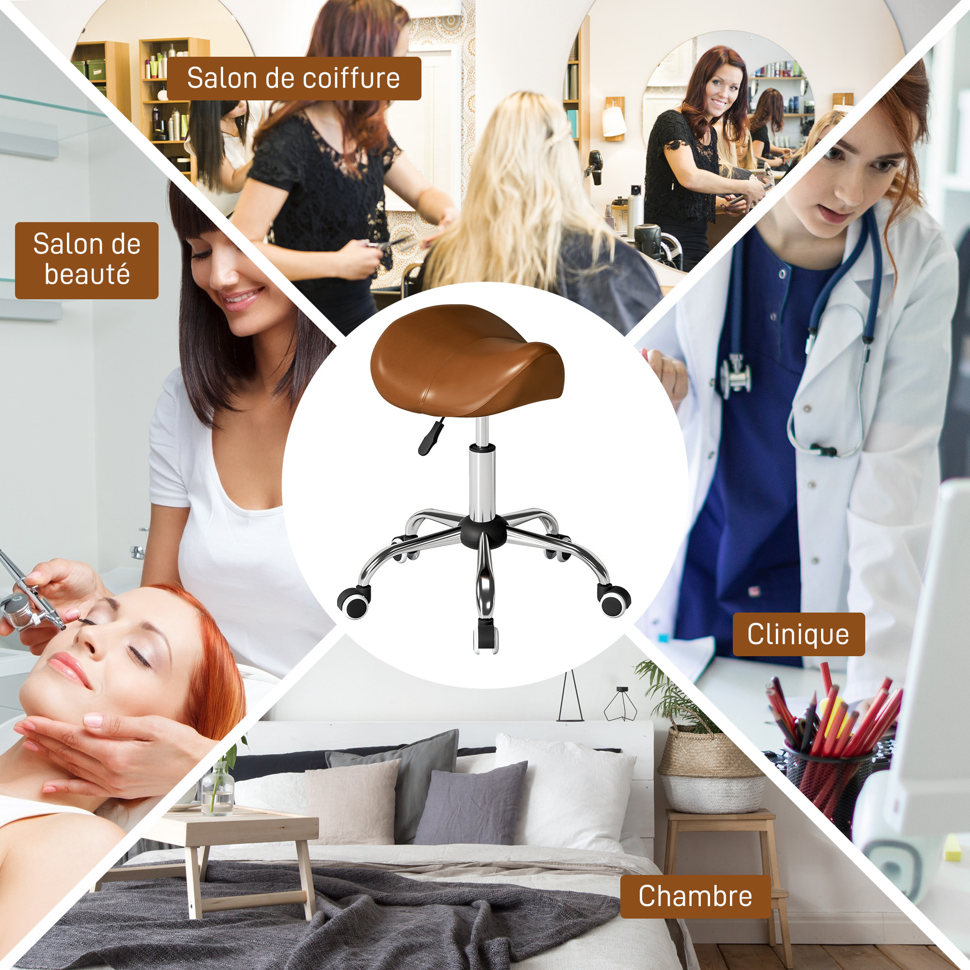 Tabouret de massage tabouret selle ergonomique pivotant 360° hauteur réglable revêtement synthétique marron chromé