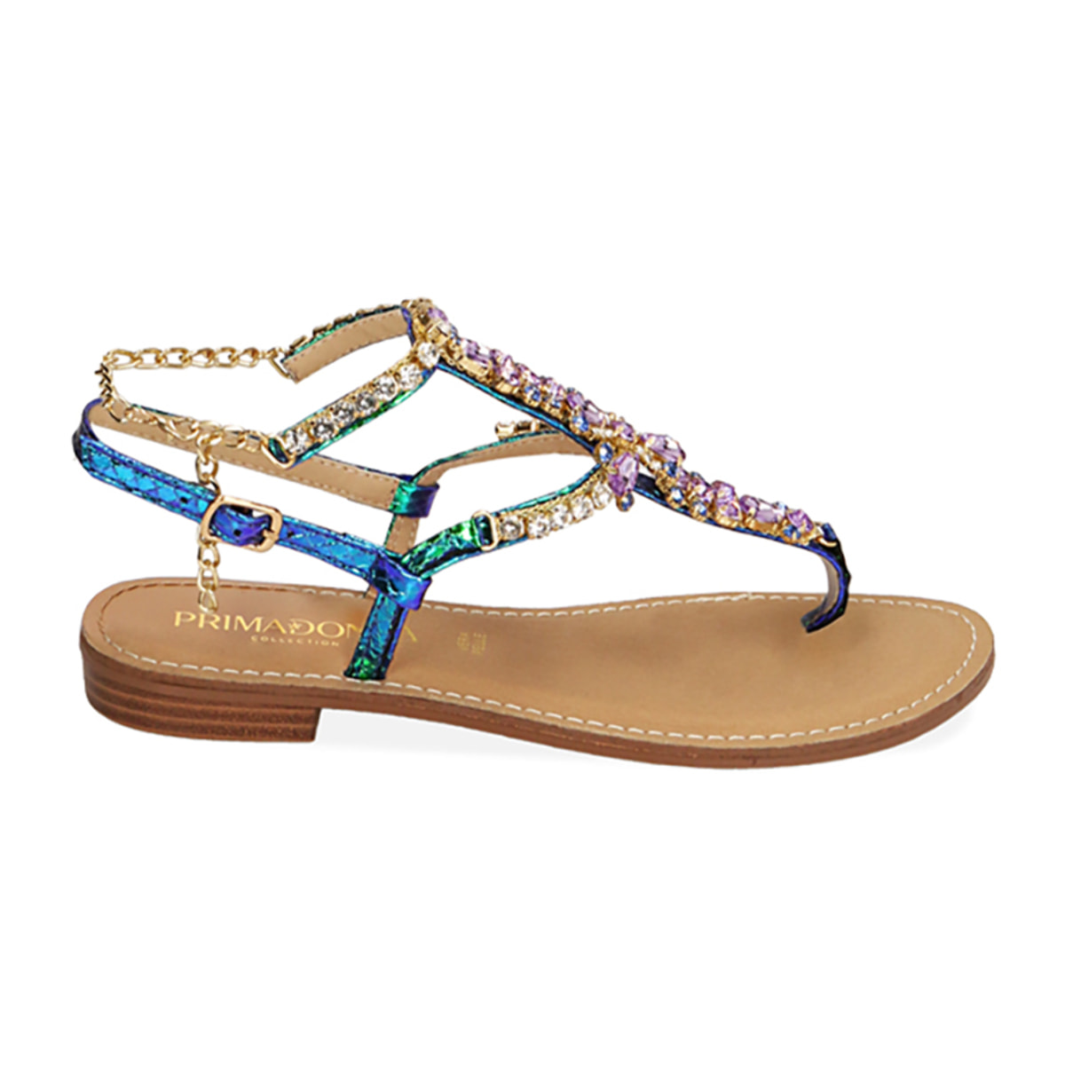 Sandalias planas azul claro con estampado de víbora