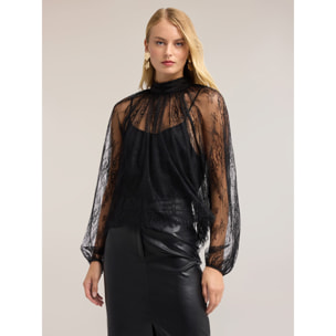 Motivi - Blusa de encaje con cuello drapeado - Negro