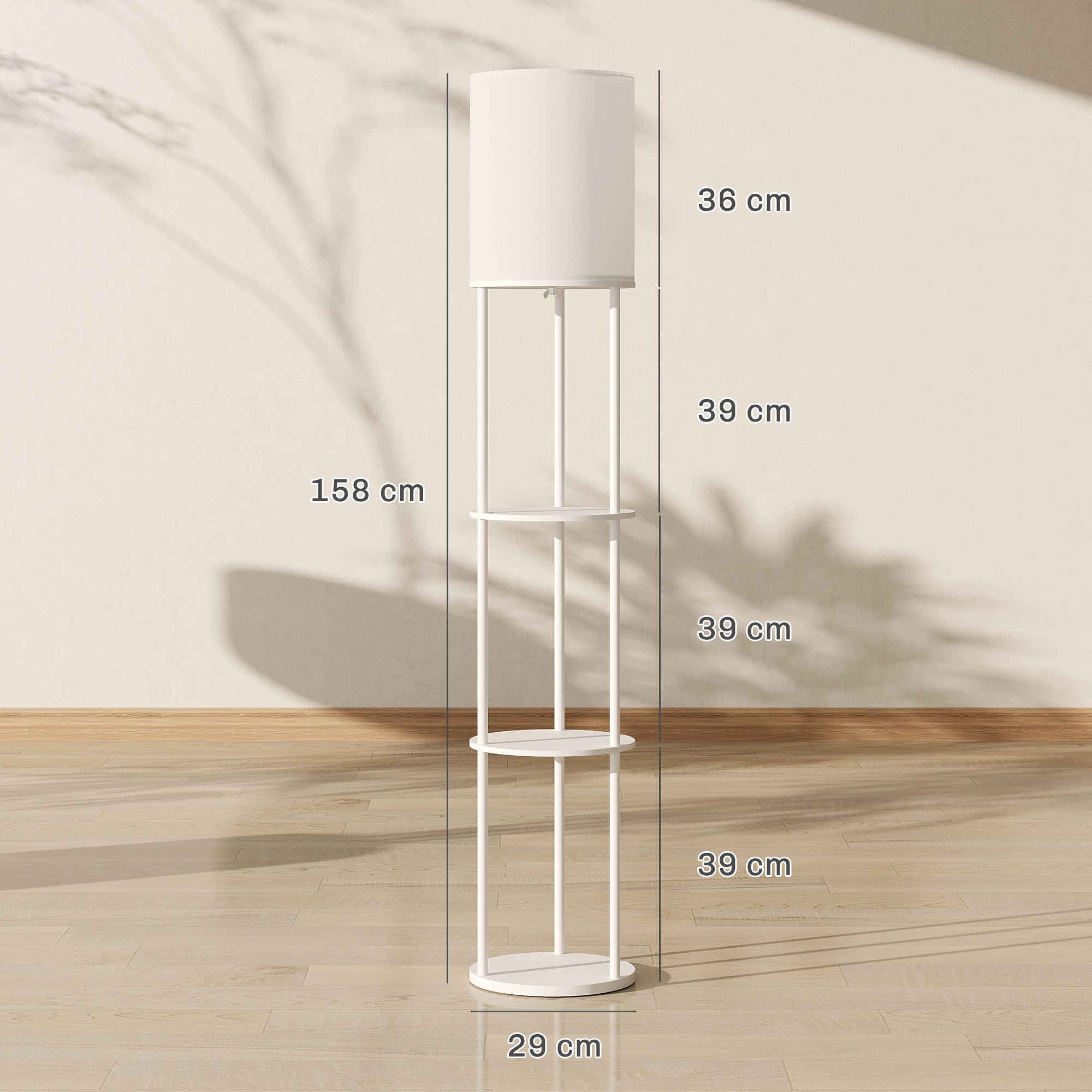 Lámpara de Pie con Estantes, Lámpara con 3 Temperaturas de Color, Control Remoto, Bombilla E27, para Salón, Dormitorio, Oficina, Blanco