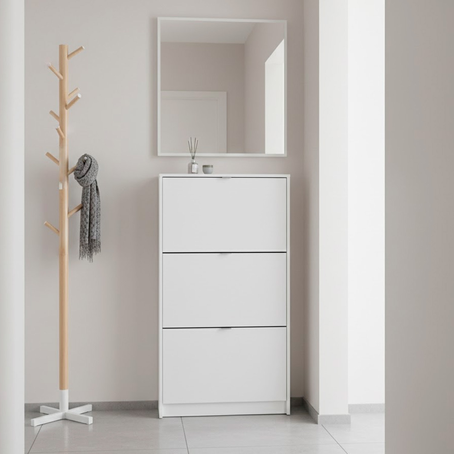 Scarpiera Salvaspazio Con 3 Ante A Ribalta E 2 Ripiani Interni Doppia Profondità Mobile Portascarpe Moderno Ingresso Corridoio Fino A 18 Paia Bianco