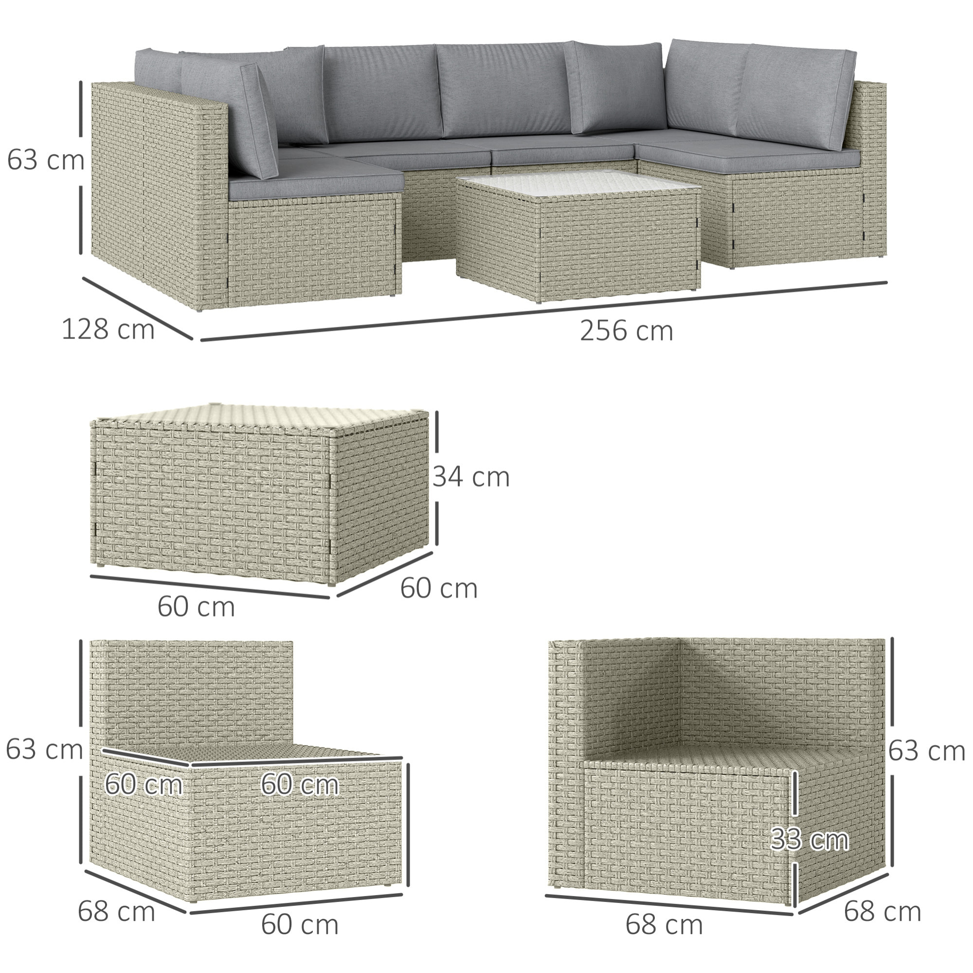 Ensemble salon de jardin modulable 6 personnes avec table basse résine tressée effet rotin gris